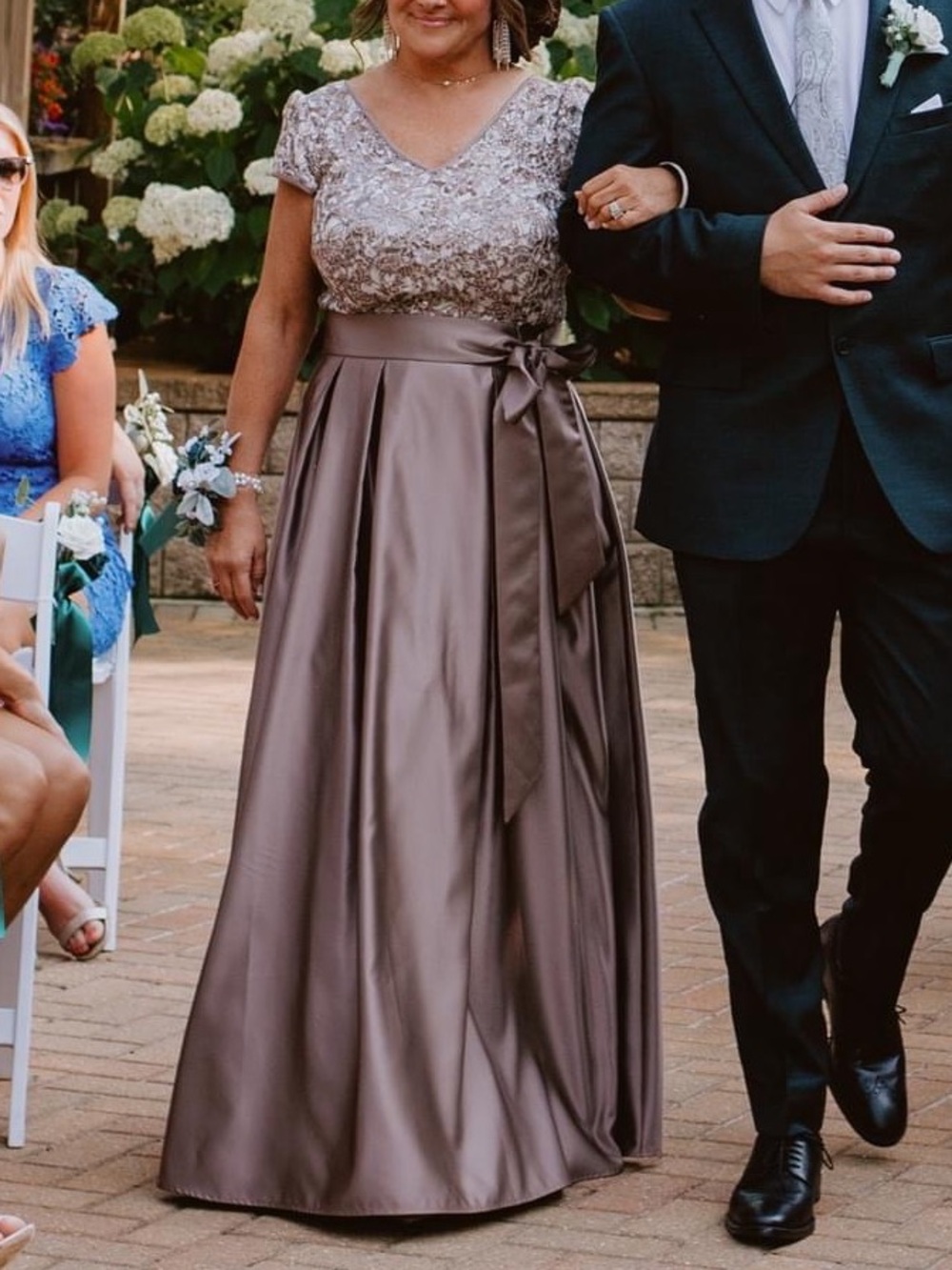 Xscape Taupe Satin Maxi Dress with Embroidered Bodice - Picture 12 of 12